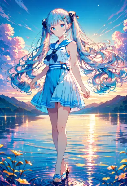 青髪の少女と湖畔の夕陽の約束