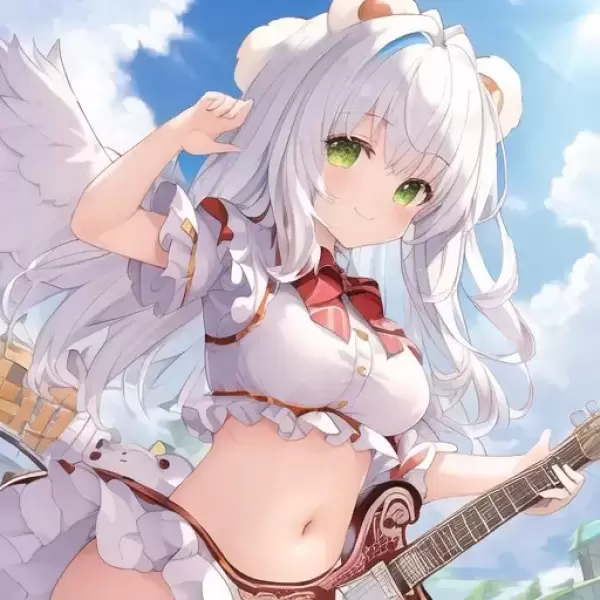 白い熊耳のギターを弾く女の子です