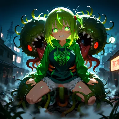 女の子達と朽ちた遊園地のプラントキメラ