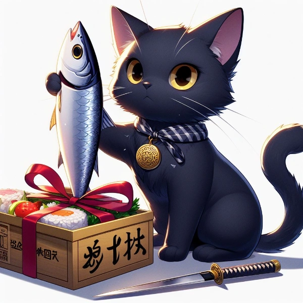 お魚掲げた黒猫