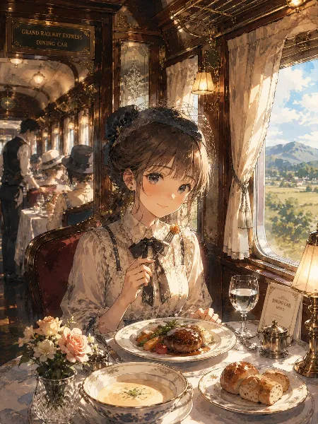 グランド鉄道のダイニングカーにて。