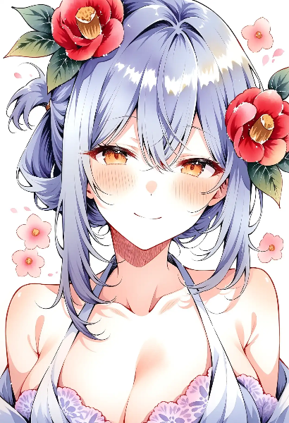 椿の花を髪に飾った少女の微笑み
