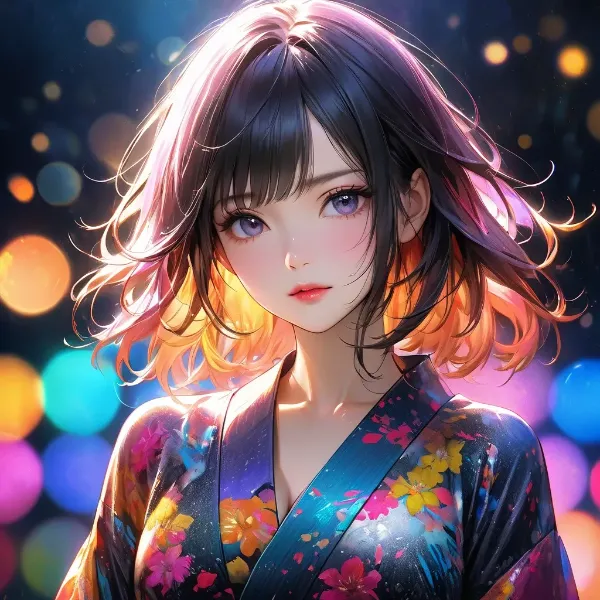 夜の灯りに輝く浴衣少女