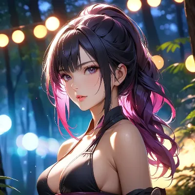 夜の森に輝く紫目の美女