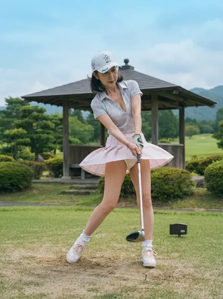 ティーショットを打つ女性