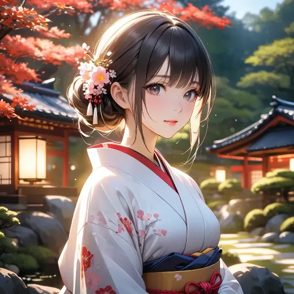 紅葉の庭に立つ着物少女