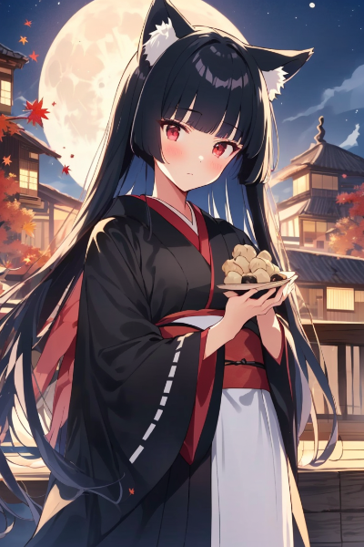 お月見をする狼耳のお姉様