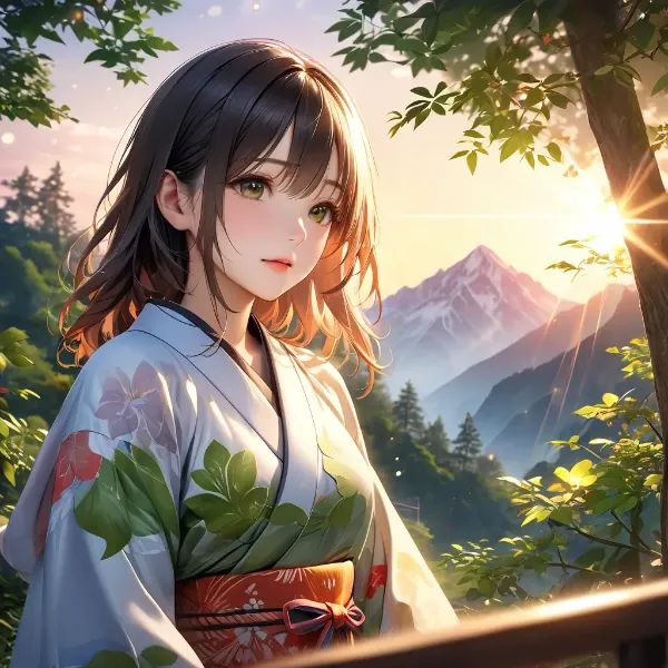 夕陽に輝く着物の少女