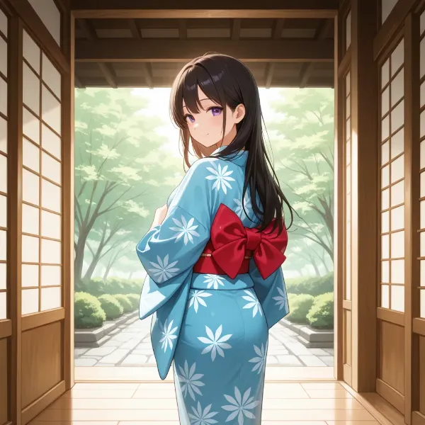 庭園の青い浴衣少女