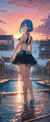 夕焼けと青髪さん