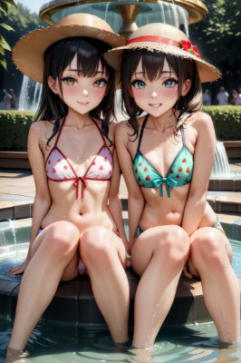 大きな噴水で水遊びをする少女たち