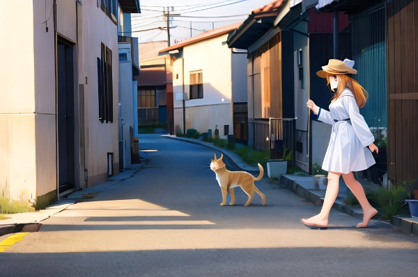 裸足で野良猫を追いかける少女