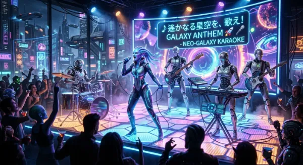 ヒューマノイドが”カラオケ”音源を生演奏サービスしてくれる公開型”カラオケ”システムが採用されてる”カラオケ”チェーン店。