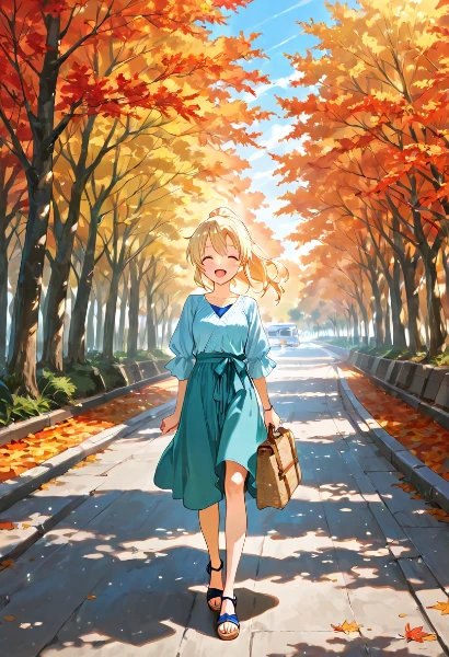 紅葉の道を笑顔で歩く帰郷の少女
