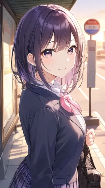 夕暮れのバス停で微笑む少女