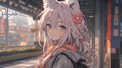 夕陽の駅で振り返る狐耳の少女