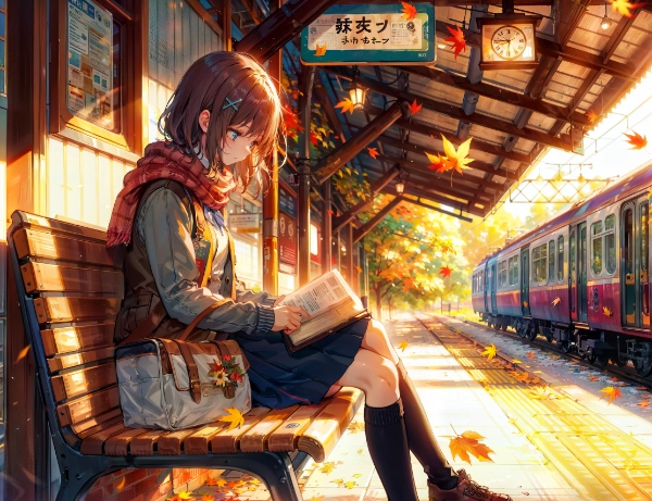 秋の無人駅で読書