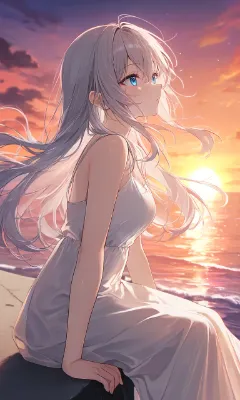 夕景、堤防に座る少女