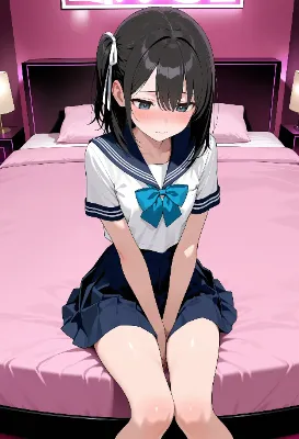 制服姿の女の子がベッドに座っているだけの画像