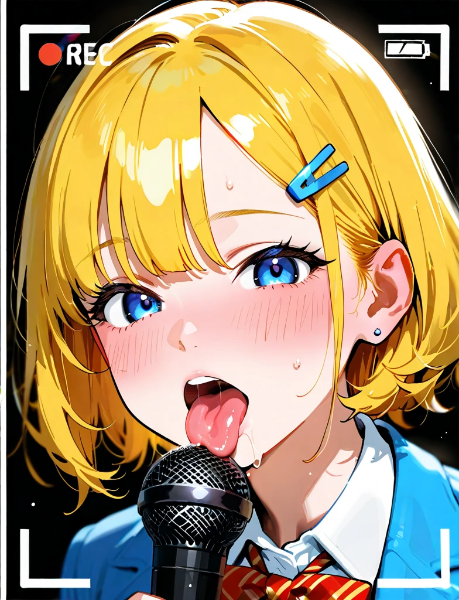 マイクを舐めている黄色い髪の女性