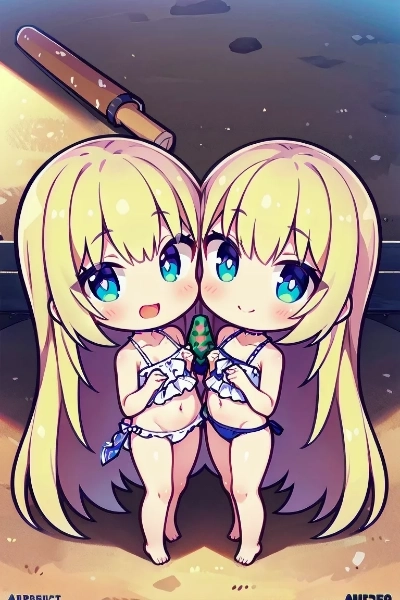 ビーチで佇む金色の髪の姉妹