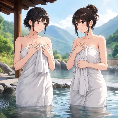 温泉で微笑む二人の少女