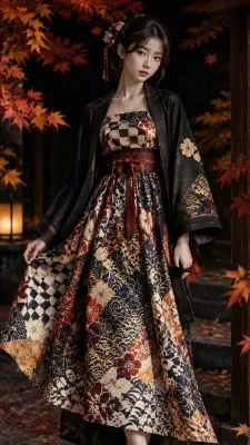 紅葉の古都で出会うパッチワークの少女(和風ドレス)