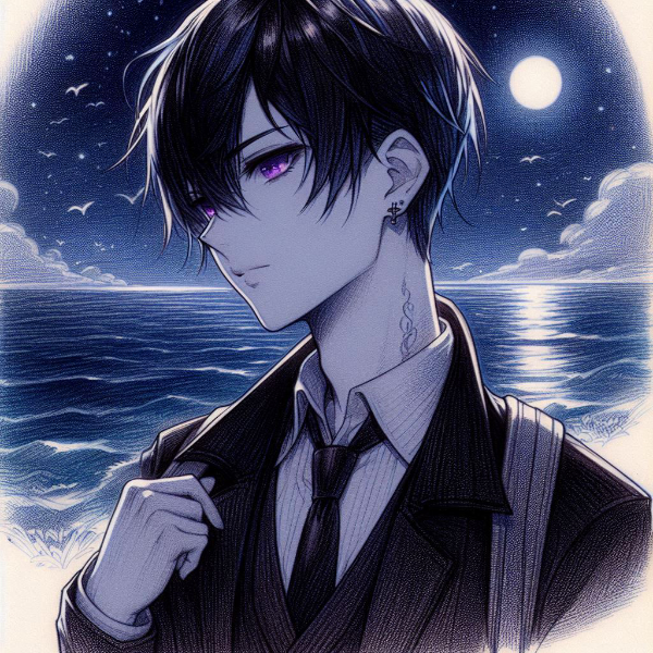 鉛筆画の海と、黒髪短髪男性…その2(10枚)