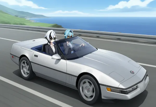 オープンカーを運転するエウルアとアルレッキーノ