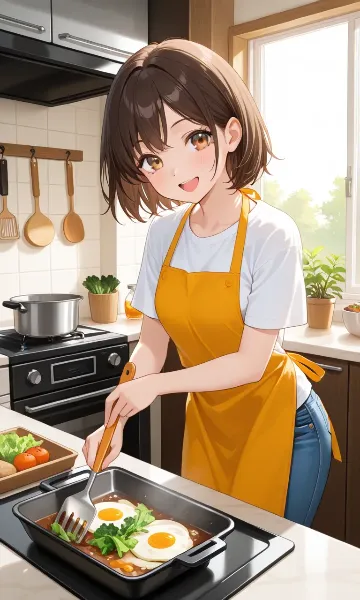 黄色いエプロンの朝食作り（サラダ？）