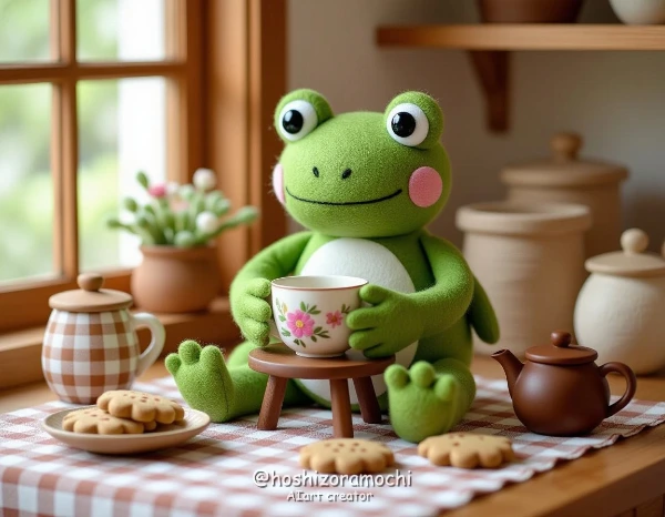 フェルトとボタンでできた、手づくり風お茶会ガマ - A handmade-style tea party frog made from felt and buttons