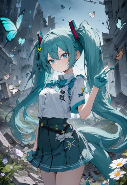 花咲く廃墟と蝶の少女