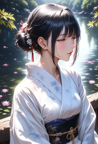 湖畔に佇む黒髪の乙女