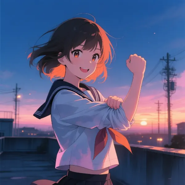 夕焼け屋上のガッツポーズ