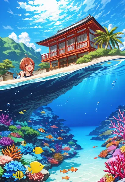 海底から見上げる赤い楼閣と少女