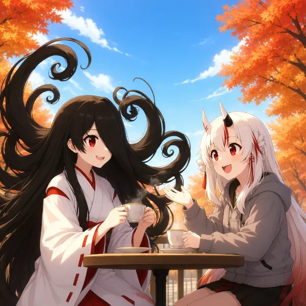 紅葉のティータイムで語らうかわいい妖怪