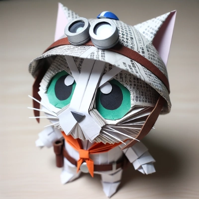 新聞紙で折った兜をかぶる、折り紙の猫