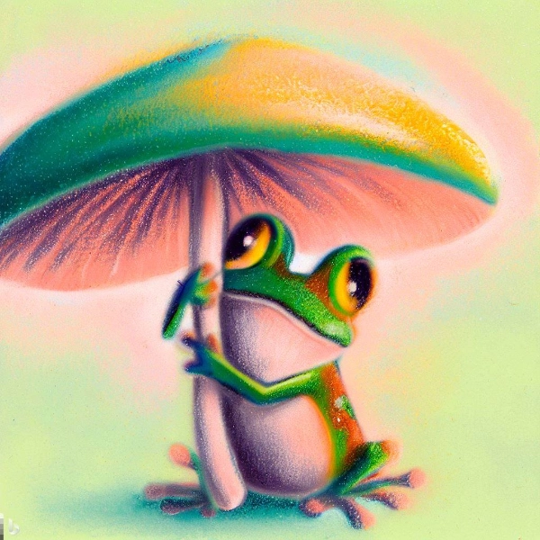 きのこの傘をさしているカエル