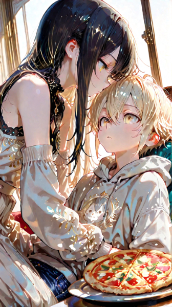 「こんなに美味しいピザがあるのに……君と一緒にいると、食べる気持ちより君と触れ合っていたいって思っちゃう」「それは嬉しいよ。でも、君が美味しそうに食べる姿を見るのは僕にとって何よりも幸せだから……少しだけ食べて欲しいかな」