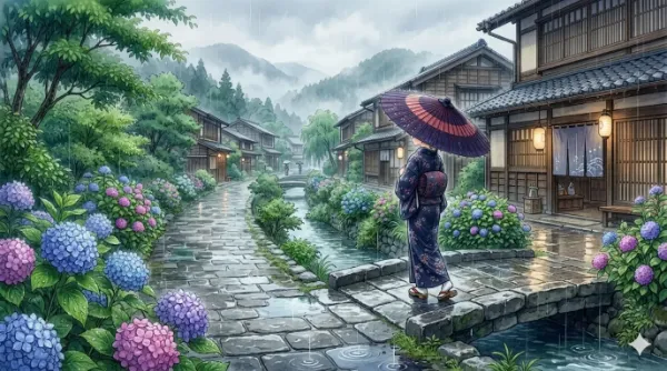 紫陽花の雨に佇む着物の女性