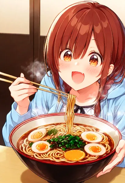 ラーメンに夢中の少女の幸せな時間