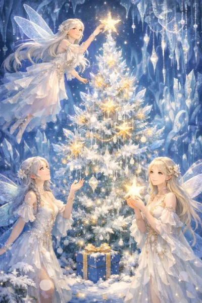 氷晶の妖精と聖夜の輝くツリー