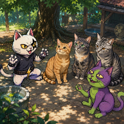 にゃんこ会議（ごんた、びび、すー、ぱち、ダサ猫）