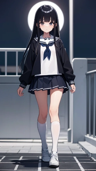 満月をバックに前髪ぱっつん女子高生