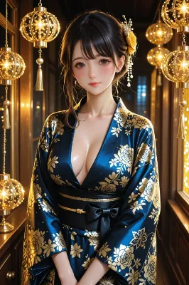 金灯りに輝く青い着物の美女