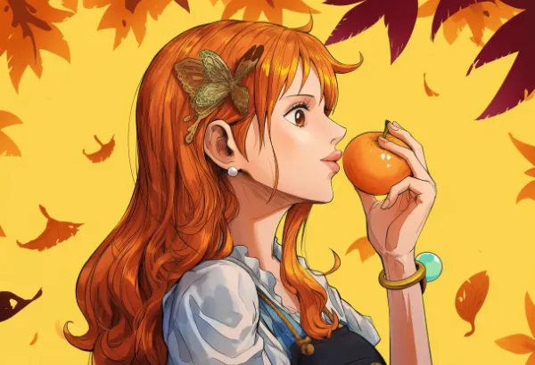 ONE PIECEのナミの秋と紅葉とみかん画像