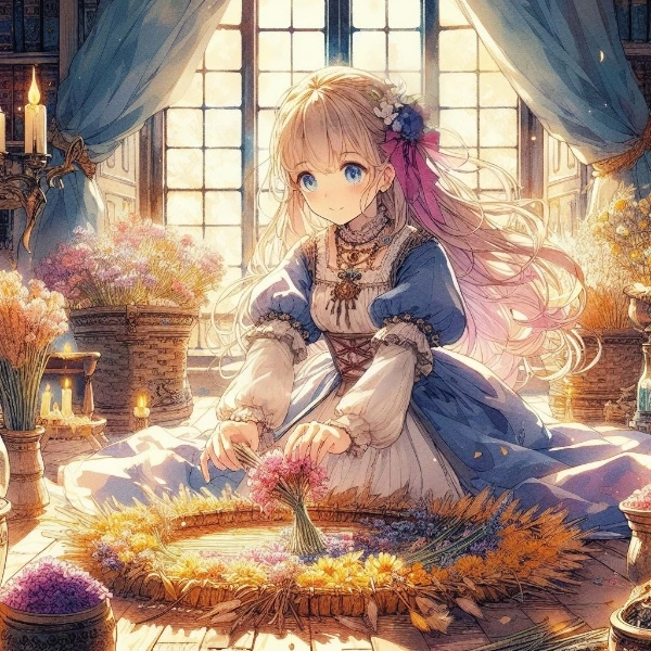 ドライフラワー飾り制作中