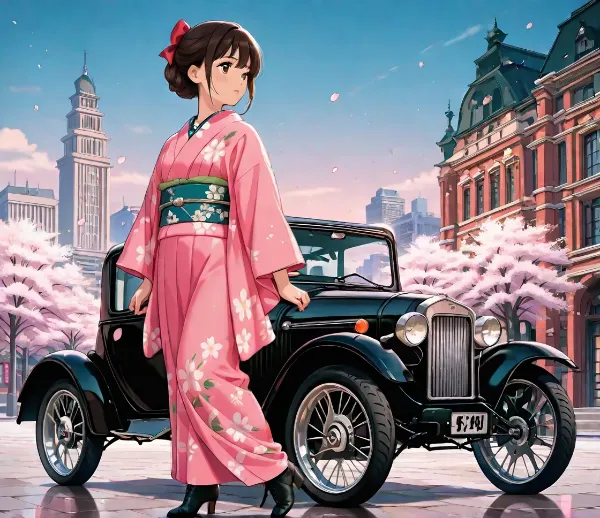 桜舞う街の着物少女