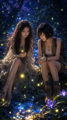 蛍を見る2人（リーフ、アース）