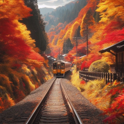 紅葉を走るローカル線
